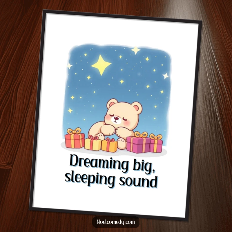 Funny free printable wall art of a sleeping bear cub dreaming of presents beneath a beautiful, starry night sky.