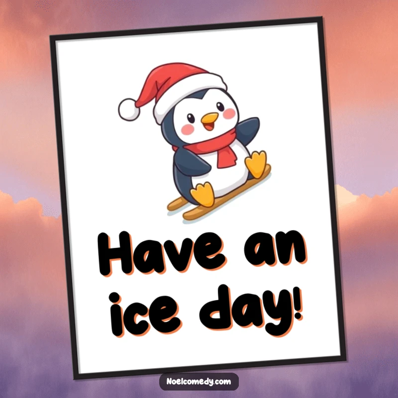 Funny Free Printable Wall Art: A jolly penguin wearing a Santa hat, sliding down a snowy hill with pure glee.