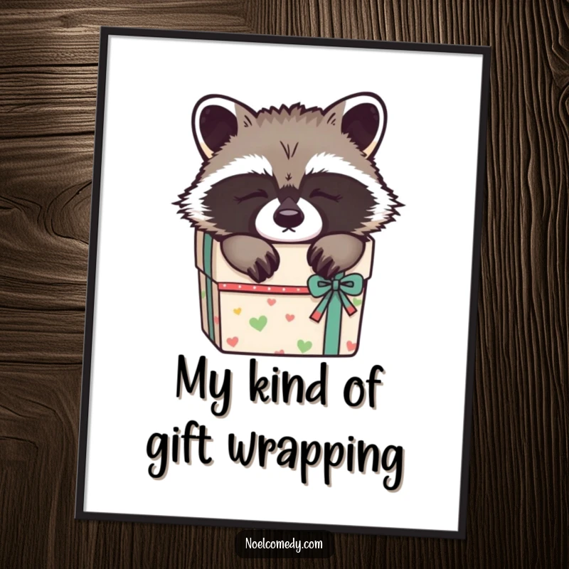 Funny Free Printable Wall Art: A charmingly sleepy raccoon slumbering peacefully inside a decorated gift box, ideal for cozy spaces.