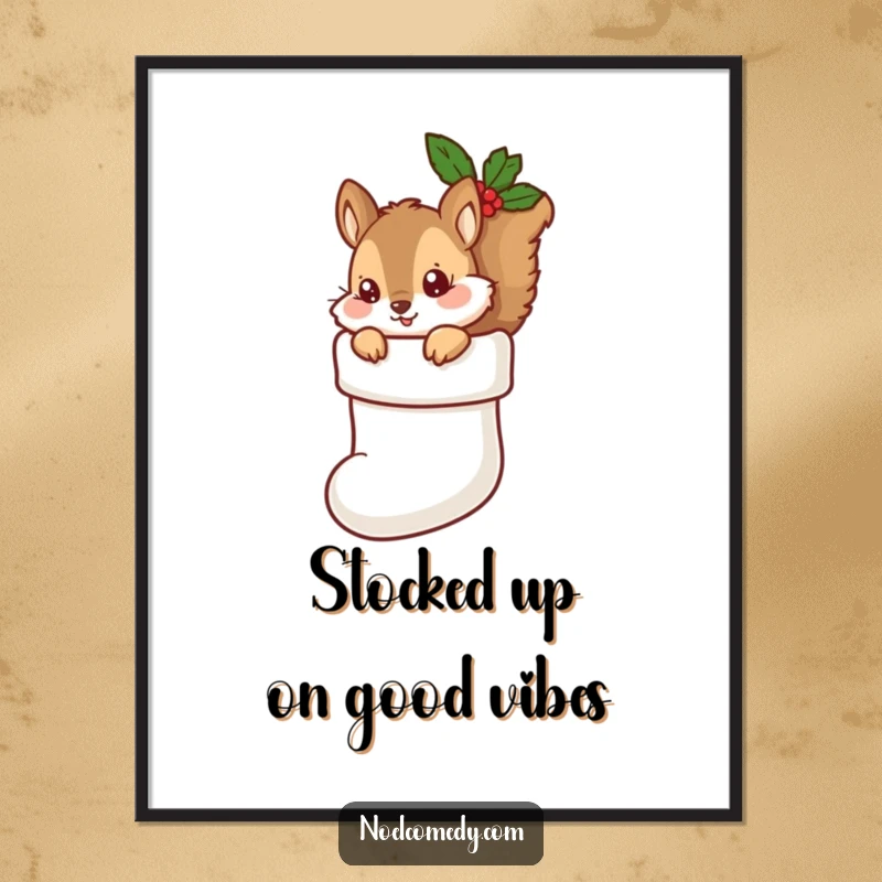 Funny Free Printable Wall Art: A cute and curious squirrel peeking out of a Christmas stocking, adding a playful touch to your decor.