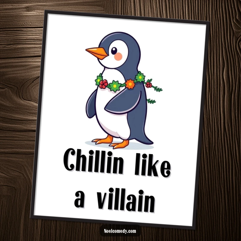 Funny Free Printable Wall Art: A penguin confidently struts, fanning a tail made of colorful festive garland, adding cheer to any room.