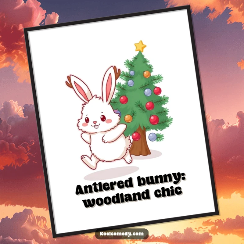 Funny Free Printable Wall Art: A fluffy bunny with antlers excitedly hops near a decorated evergreen, bringing whimsical charm to your wall.