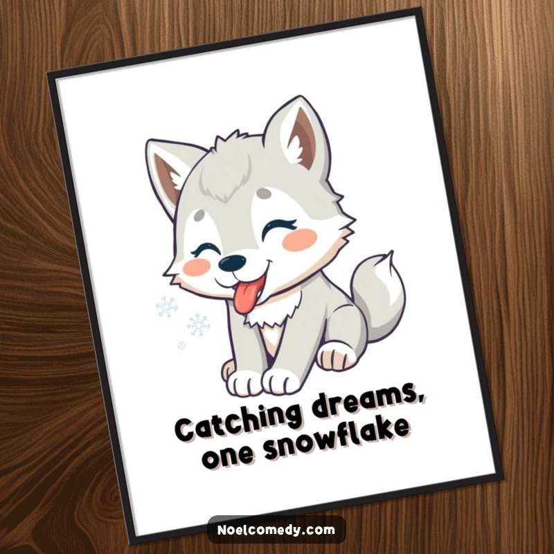 Funny Free Printable Wall Art: A playful wolf pup catching snowflakes on its tongue, bringing joyful winter vibes to any space.