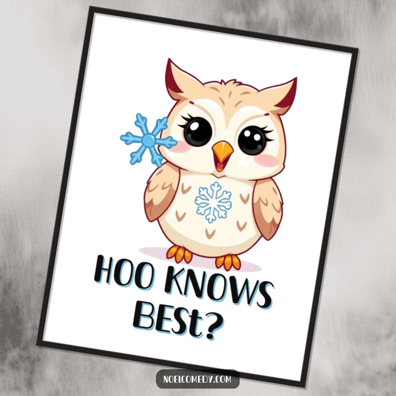 Funny Free Printable Wall Art: A happy owl hooting with a snowflake, perfect for winter decor.