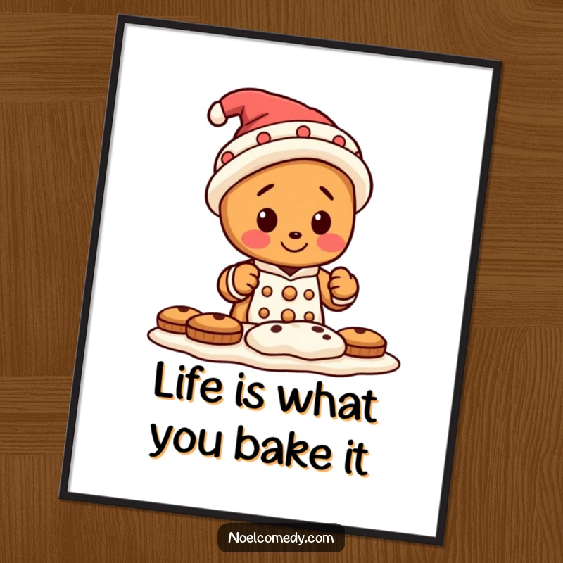 Funny Free Printable Wall Art: A tiny gingerbread man with a silly hat actively baking warm, delicious cookies in a kitchen.