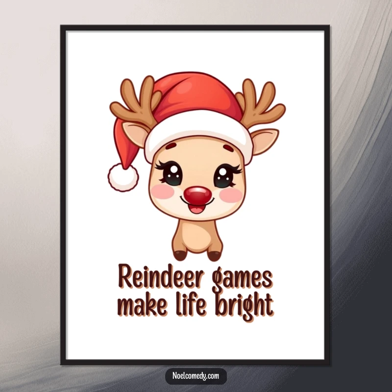 Funny Free Printable Wall Art: A joyful reindeer sporting a Santa hat with eyes that twinkle, radiating holiday happiness.