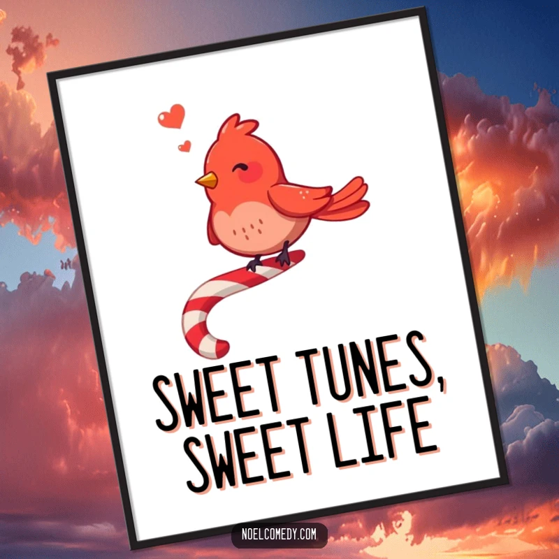 Funny Free Printable Wall Art: Joyful red bird perched on a candy cane, singing merrily.