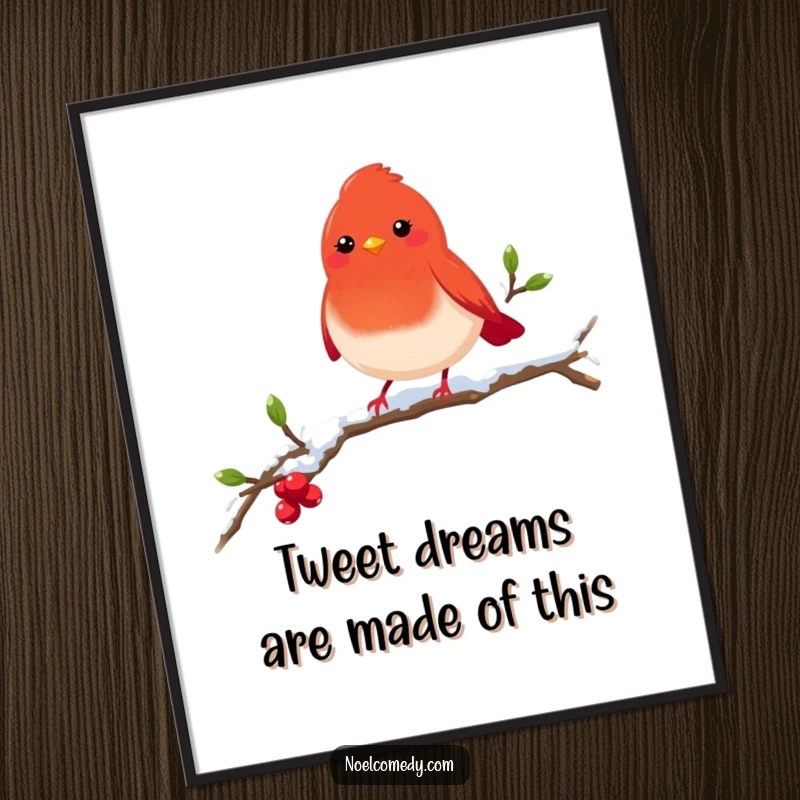Free Printable Wall Art: A cheerful red robin character perched on a snowy branch, looking quite content.