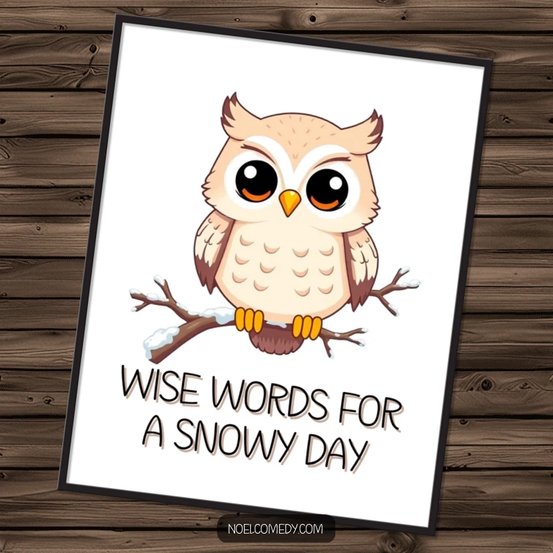 Funny Free Printable Wall Art: A happy owl with wide eyes perched on a snowy branch, watching the world.