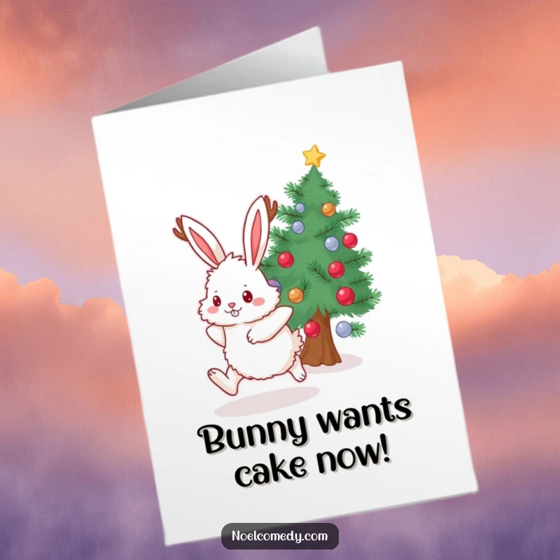 Funny Free Printable Birthday Card: Fluffy bunny with antlers joyfully hops near a festive evergreen tree, spreading birthday cheer.