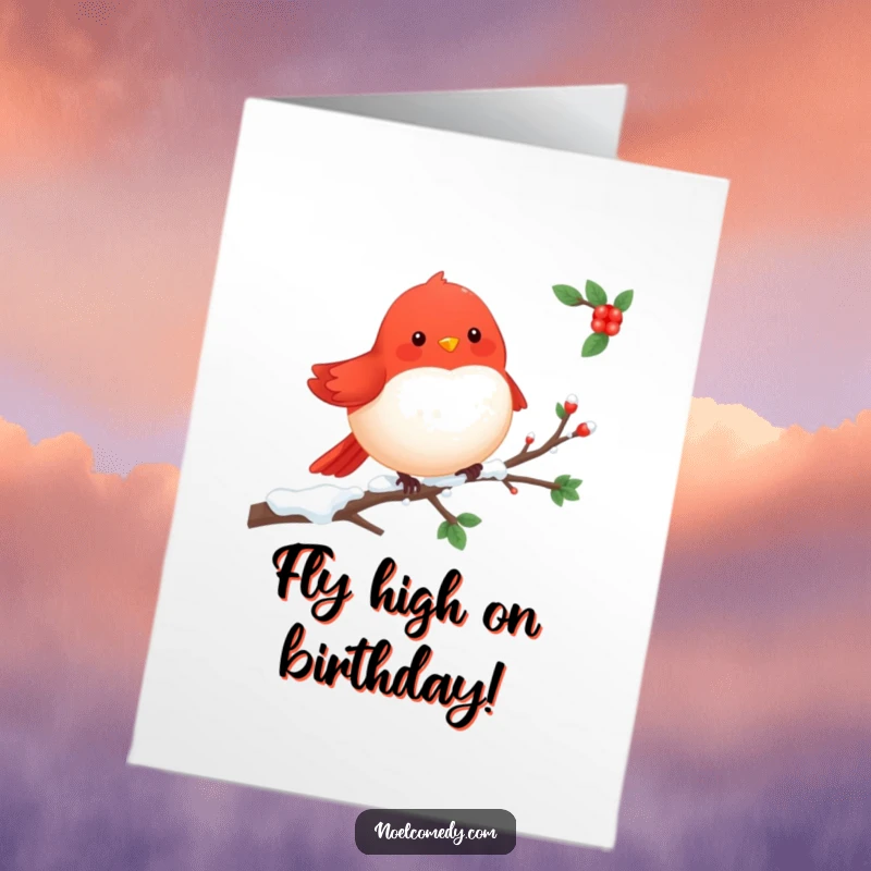 Funny Free Printable Birthday Card: Cheerful red robin character perched on a snowy branch, winter birthday.
