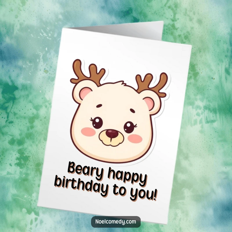 Funny Free Printable Bear Birthday Card: Smiling bear wearing a festive reindeer antler headband. Joyful and humorous downloadable greeting.