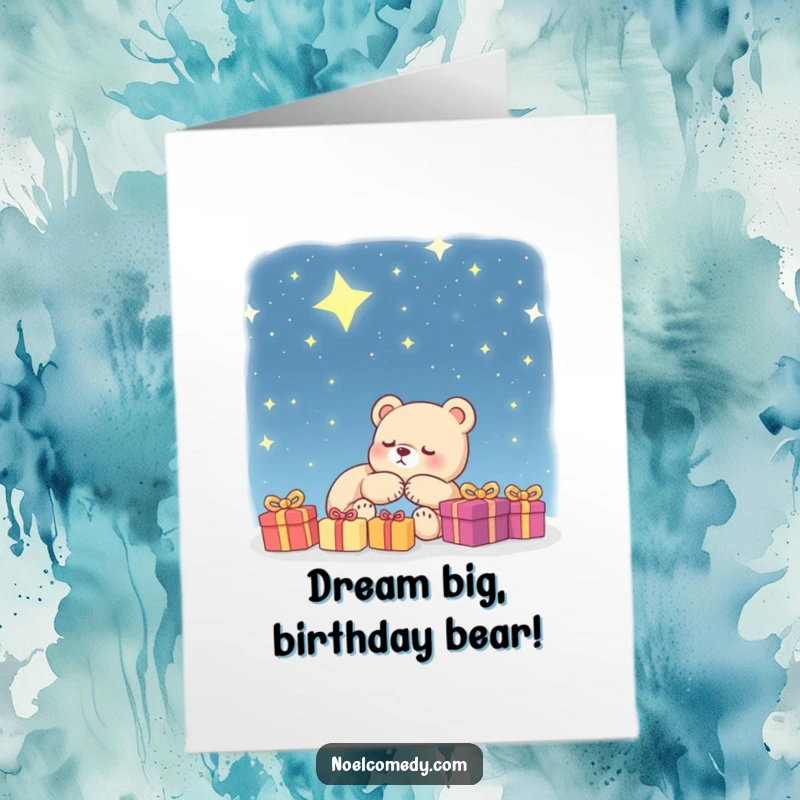 Funny free printable birthday card showing a sleeping bear cub dreaming of presents under a beautiful starry night sky.