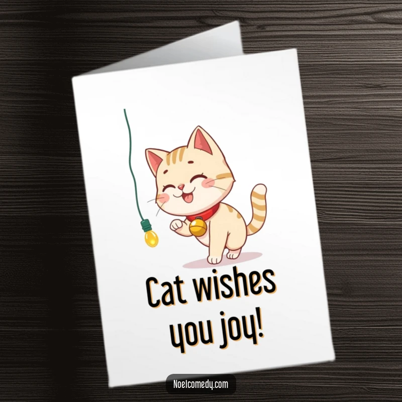 Funny Free Printable Birthday Card: A smiling cat with a bell collar playfully bats at a dangling Christmas light, wishing a happy birthday.