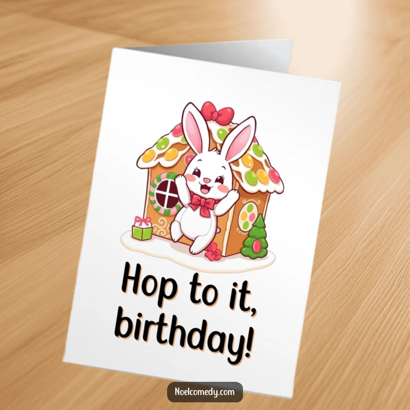 Funny Free Printable Birthday Card: A happy bouncing bunny enthusiastically decorating a gingerbread house with festive flair and joy.