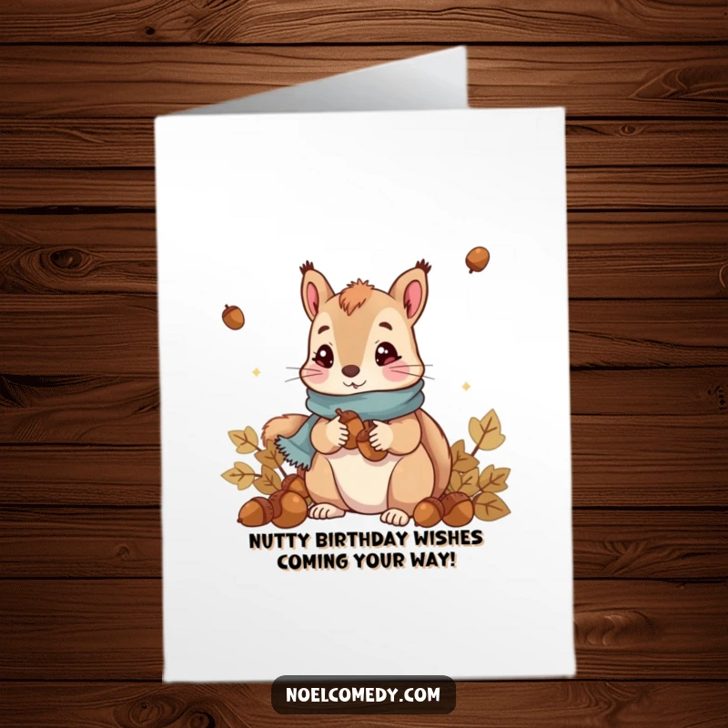 Funny Free Printable Birthday Card: Cute squirrel in scarf collecting acorns, ready to celebrate.