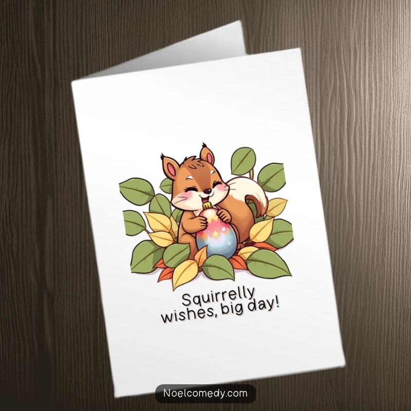 Funny Free Printable Birthday Card: A giggling squirrel peeks from a leaf pile, playfully hiding a shiny ornament, wishing you a happy birthday.
