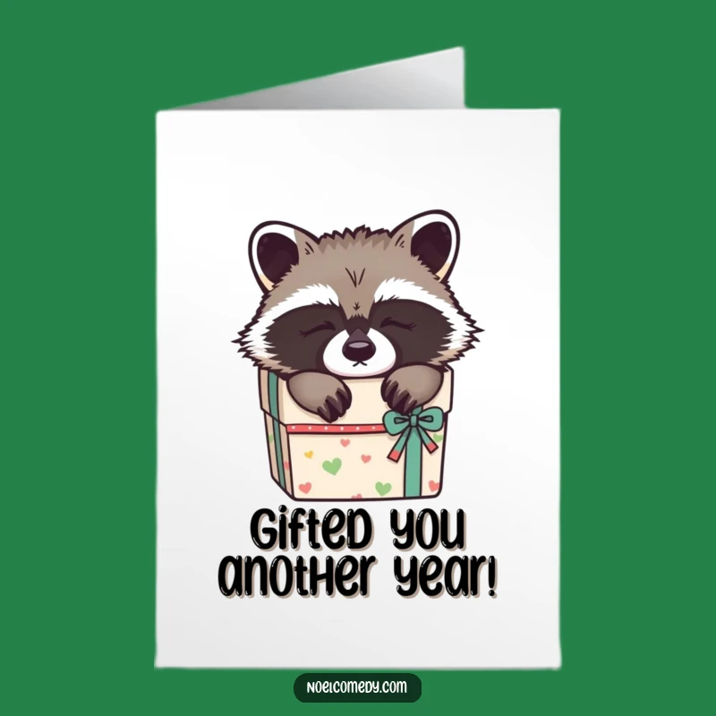 Free Printable Birthday Card: Sleepy Raccoon in Box, Funny Downloadable Gift for Cozy Celebrations