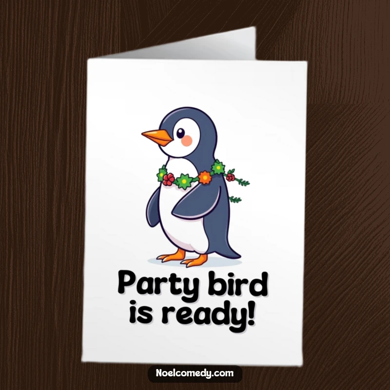 Funny Free Printable Birthday Card: A confident penguin struts proudly, fanning a colorful garland tail, radiating party spirit.