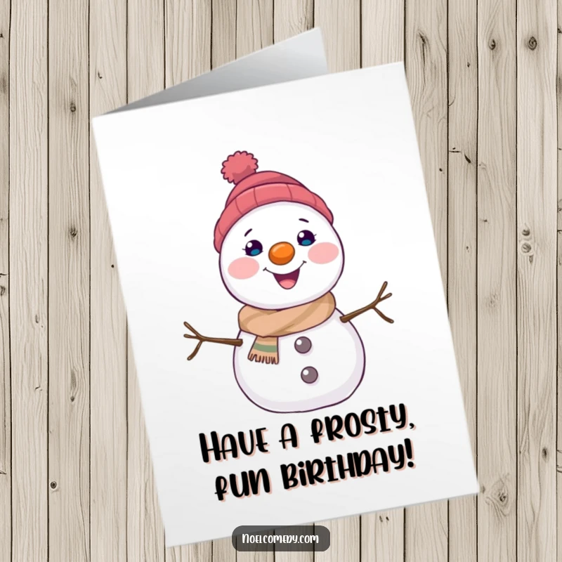 Funny Free Printable Birthday Card: A joyful snowman with a carrot nose, ready to deliver a cool, fun message.