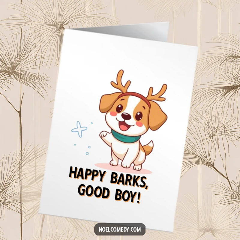 Funny Free Printable Birthday Card: A happy dog sporting a reindeer headband joyfully chases a snowflake, spreading birthday cheer.
