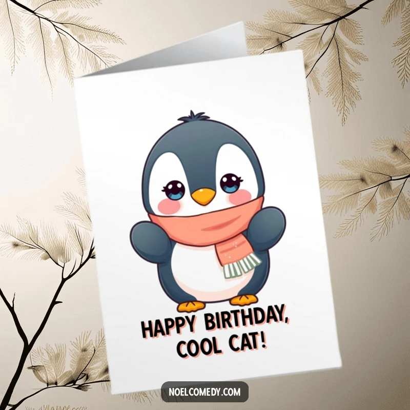 Cute Free Printable Birthday Card: A cuddly penguin dressed in a scarf and mittens, looking cheerful and festive.