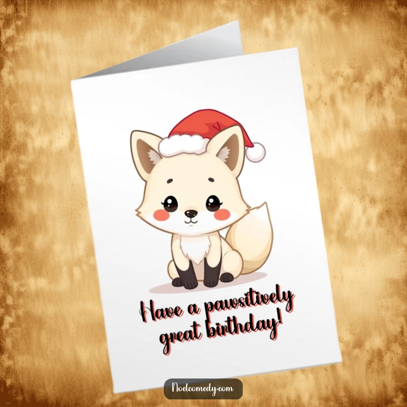 Free Printable Birthday Card: A playful arctic fox character wearing a tiny Santa hat wishes a happy birthday.