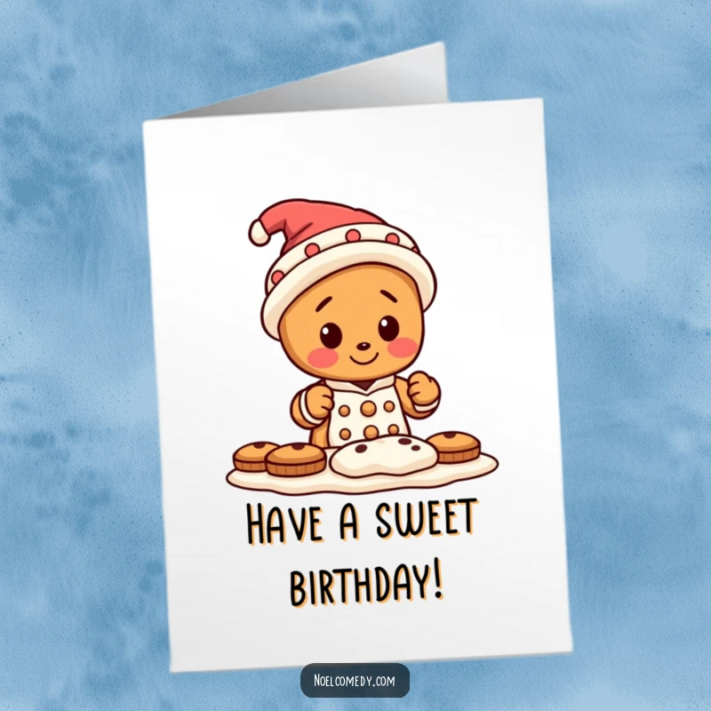 Funny Free Printable Birthday Card: A tiny gingerbread man in a comical hat happily baking cookies in a cozy kitchen.