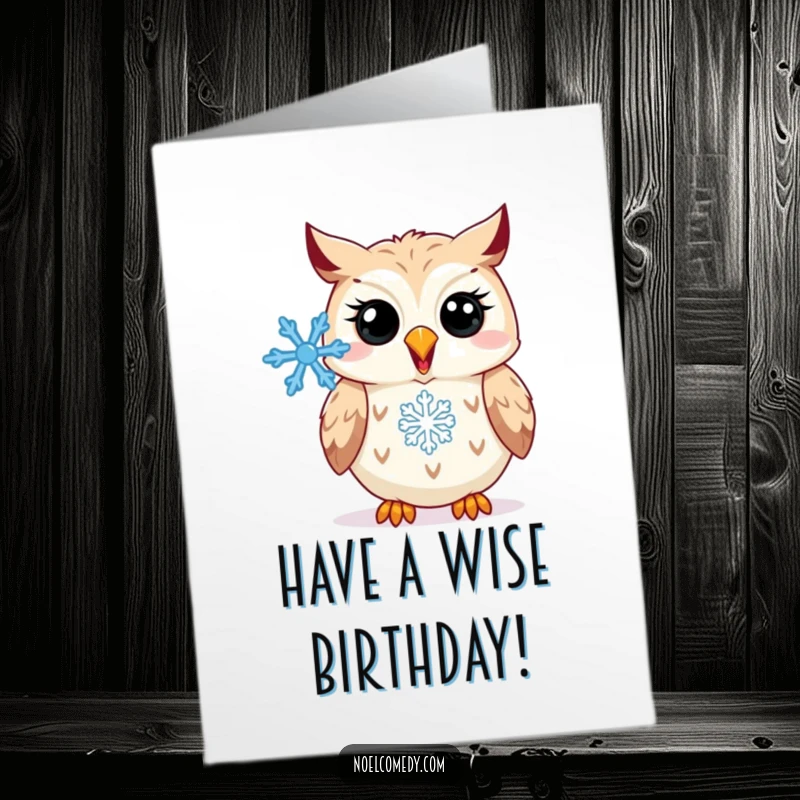 Funny Free Printable Birthday Card: A happy owl hooting with a snowflake, sending festive birthday wishes.
