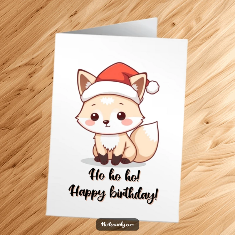 Funny Free Printable Birthday Card featuring a playful arctic fox wearing a tiny Santa hat, full of festive birthday spirit.