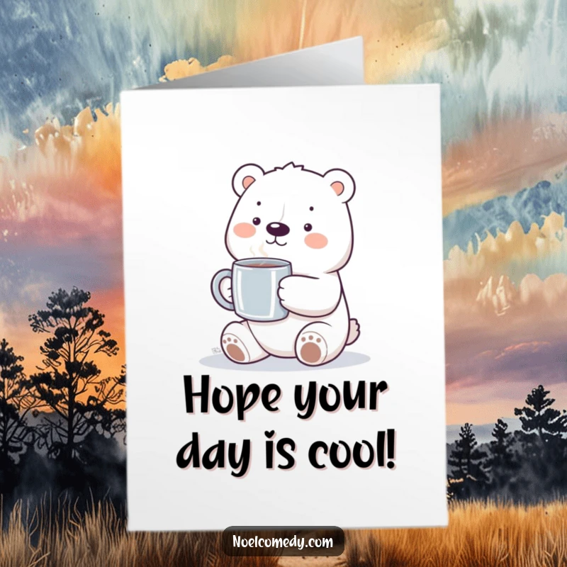Free Printable Birthday Card: A smiling polar bear character holding a steaming mug, offering warm birthday wishes.