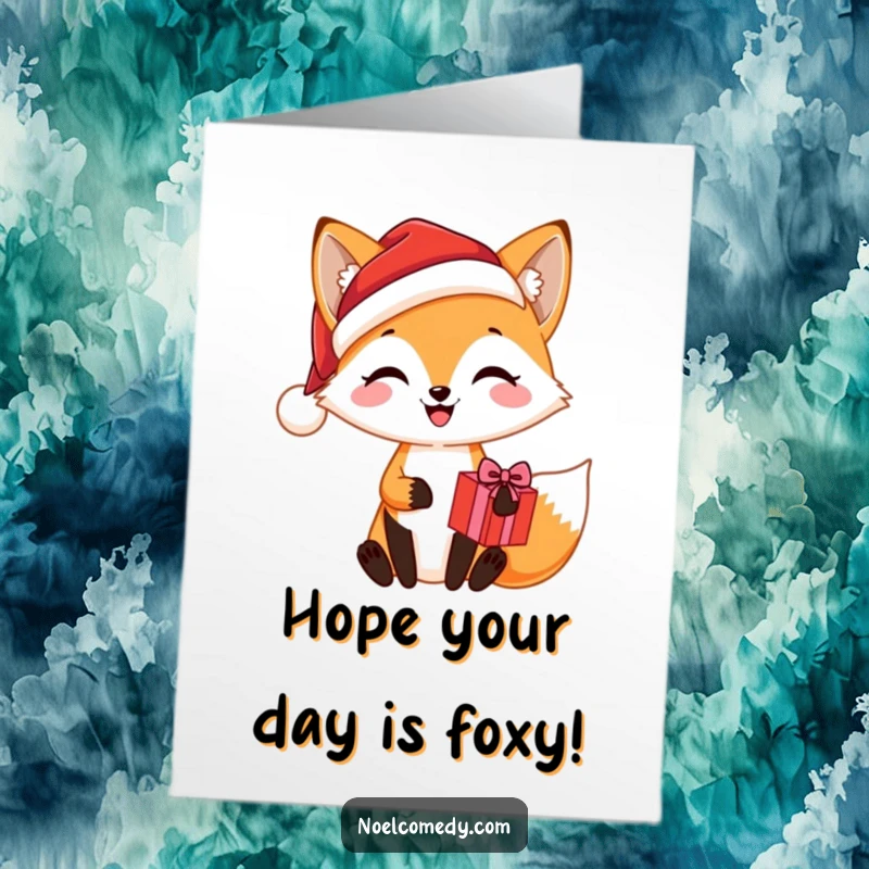 Funny Free Printable Birthday Card featuring a joyful fox in a Santa hat holding a festive present, ready to celebrate.