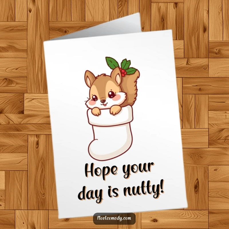 Funny Free Printable Birthday Card: A curious squirrel peeking playfully from inside a Christmas stocking, ready to deliver birthday wishes.