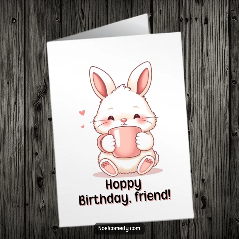 Funny Free Printable Birthday Card: A fluffy bunny happily holds a warm mug, a cozy downloadable DIY gift.