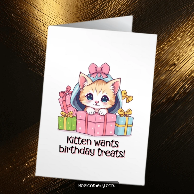 Funny Free Printable Birthday Card: A playful kitten peeks out from beneath a mountain of vibrant wrapped gifts, wishing a happy birthday.
