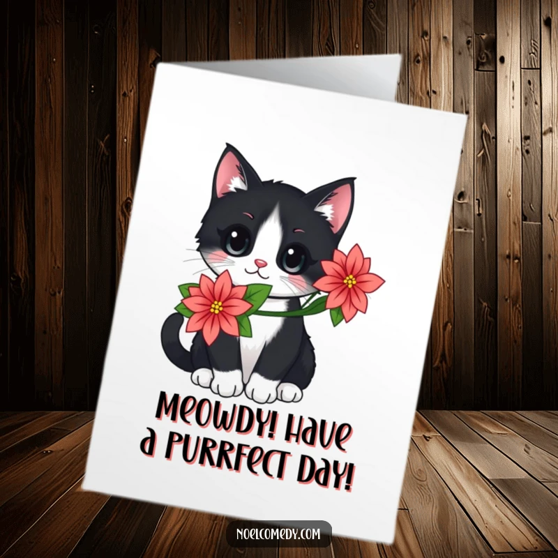 Funny Free Printable Cat Birthday Card: Black and white cat wearing a red poinsettia flower. Festive and stylish downloadable greeting.
