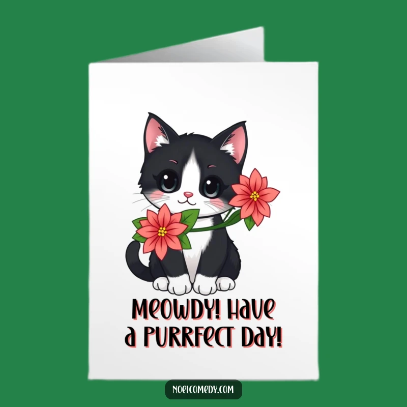 Free Printable Cat Birthday Card: Festive Feline with Poinsettia for a Purrfect Day!