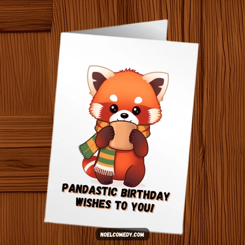 Funny free printable birthday card featuring a cute red panda in a scarf holding a steaming mug, ready to celebrate.