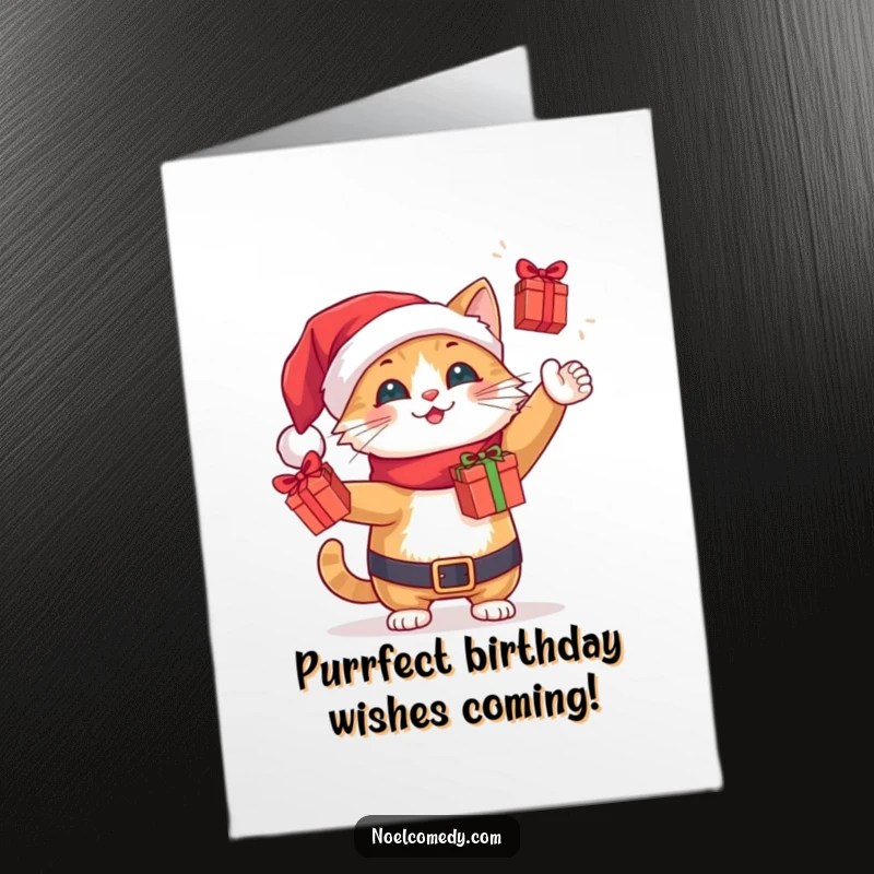 Funny Free Printable Birthday Card: A cheerful cat dressed as Santa, skillfully juggling small wrapped gift boxes.