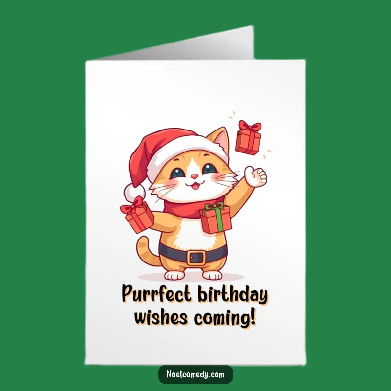 Free Printable Birthday Card: Funny Santa Cat Juggling Gifts, Downloadable & Print at Home