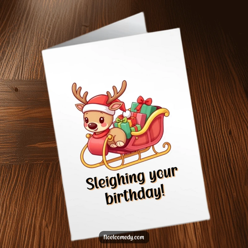 Funny Free Printable Birthday Card: Small Reindeer in Santa Hat Pulling Sleigh Packed with Gifts