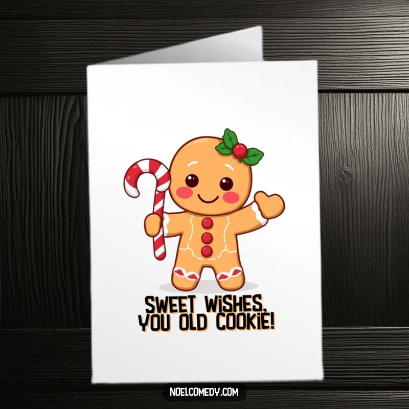 Funny Free Printable Birthday Card: A cheerful gingerbread man with a candy cane, perfect for a hilarious DIY gift.