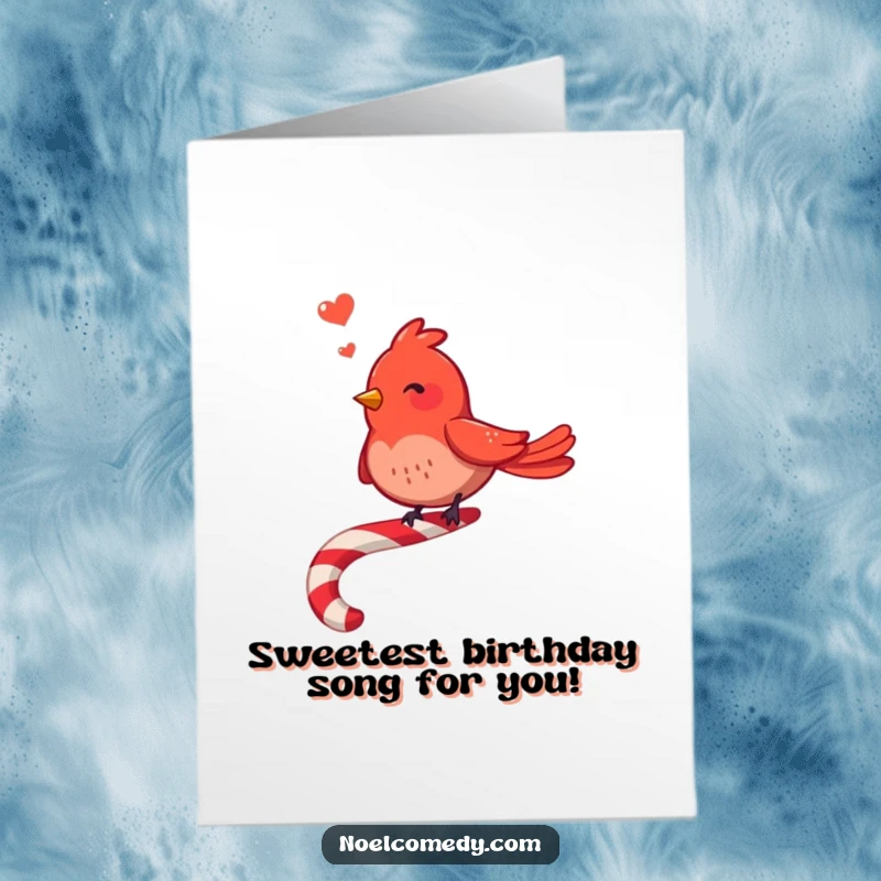 Funny Free Printable Birthday Card: Red bird merrily singing atop a giant candy cane.