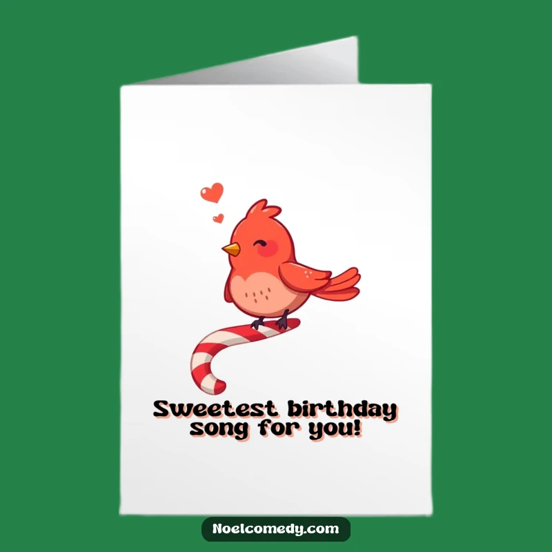Free Printable Birthday Card: Merry Red Bird Candy Cane Singer Downloadable Gift