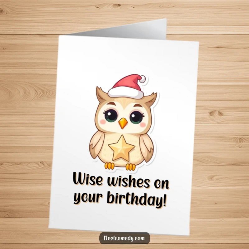 Funny Free Printable Birthday Card: A delighted owl wearing a festive hat, holding a sparkling star, wishing you a bright birthday.