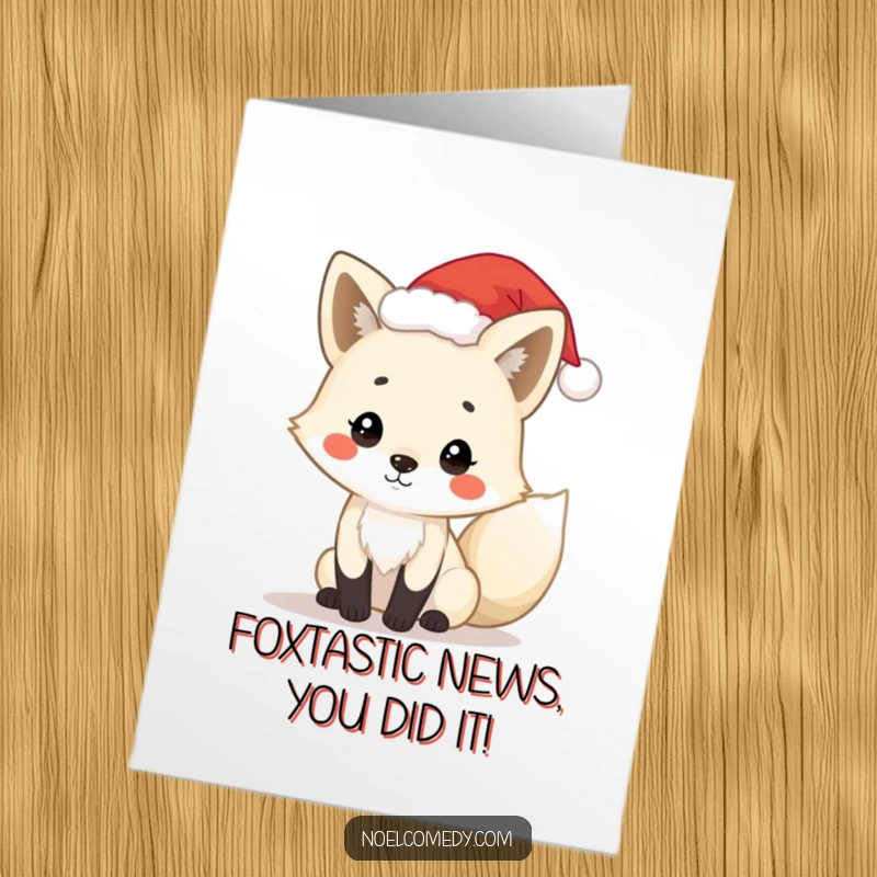 Free Printable Congratulations Card: A playful arctic fox character wearing a tiny Santa hat celebrating success.