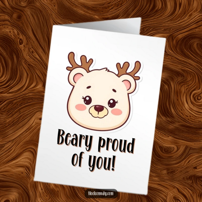 Funny Free Printable Bear Congratulations Card: Smiling bear sporting reindeer antlers, celebrating your success. Cheerful downloadable card.