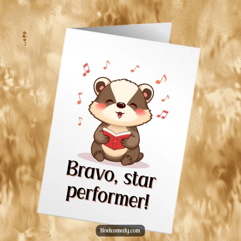 Funny Free Printable Congratulations Card: A badger joyfully singing carols, surrounded by musical notes, celebrating a wonderful achievement.
