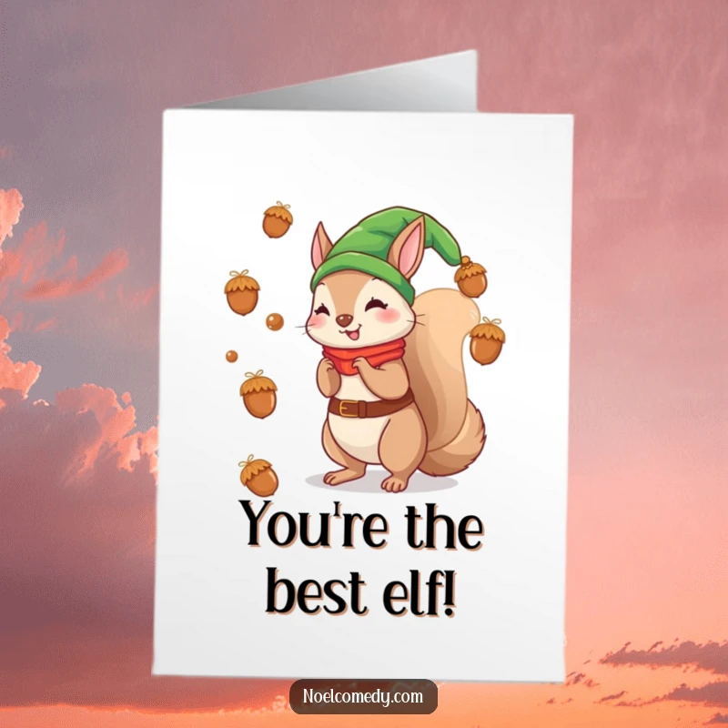 Funny Free Printable Congratulations Card: A squirrel dressed as a festive Christmas elf, tossing acorns like confetti to celebrate a big achievement.