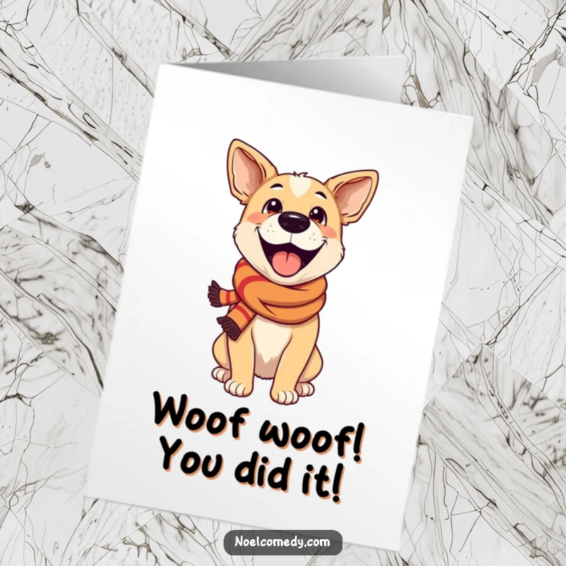 Funny Free Printable Congrats Card: An excited dog in a festive scarf, a perfect downloadable DIY congratulatory gift.